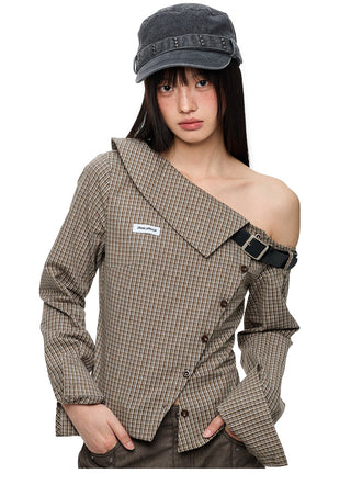 [JIKOO] asymmetric plaid shirt