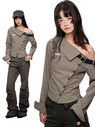 [JIKOO] asymmetric plaid shirt
