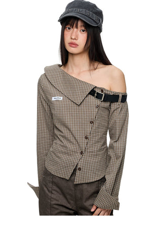[JIKOO] asymmetric plaid shirt