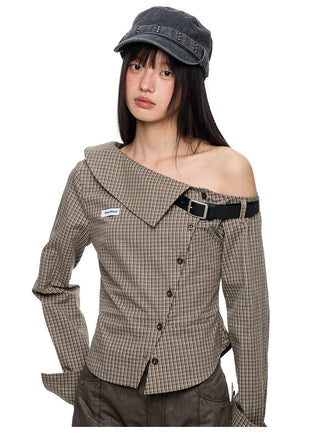 [JIKOO] asymmetric plaid shirt