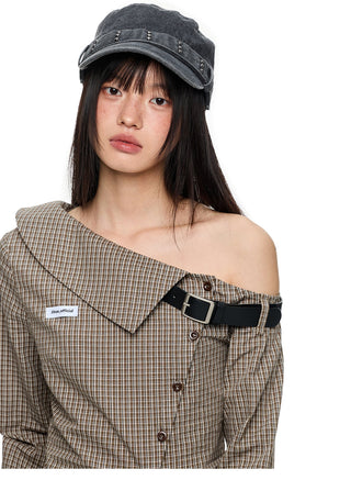 [JIKOO] asymmetric plaid shirt