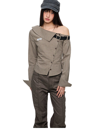 [JIKOO] asymmetric plaid shirt