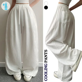 -5°C Summer  High-waisted Cut-out Elastic Waist Pants Summer Cool Lower Body Cover Two-way Balloon Fit Wide Long Pants