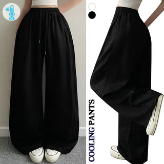 -5°C Summer  High-waisted Cut-out Elastic Waist Pants Summer Cool Lower Body Cover Two-way Balloon Fit Wide Long Pants