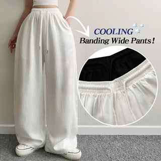 -5°C Summer  High-waisted Cut-out Elastic Waist Pants Summer Cool Lower Body Cover Two-way Balloon Fit Wide Long Pants