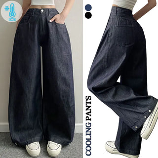 Summer  Summer High-Waisted Raw Wide Denim Pants Cool Side Pintuck Snap Cotton Jeans
