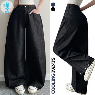 Summer  Summer High-Waisted Raw Wide Denim Pants Cool Side Pintuck Snap Cotton Jeans