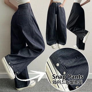 Summer  Summer High-Waisted Raw Wide Denim Pants Cool Side Pintuck Snap Cotton Jeans