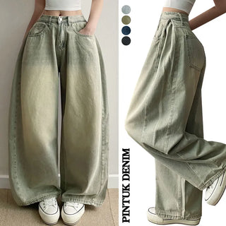 Summer  Summer High-Waisted Side Pintuck Long Wide Denim Pants Cool Wash Jeans