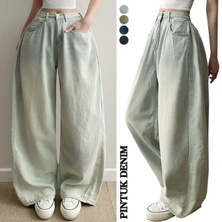 Summer  Summer High-Waisted Side Pintuck Long Wide Denim Pants Cool Wash Jeans