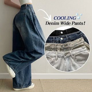 Summer  Summer High-Waisted Side Pintuck Long Wide Denim Pants Cool Wash Jeans