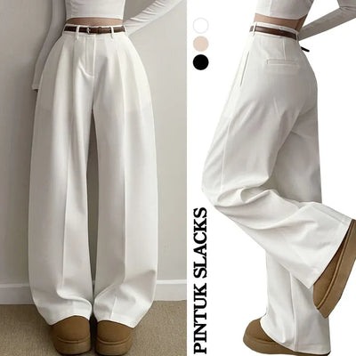 Summer  High-Waisted Pintuck Long Wide Slacks Cool Hidden Elastic Waist Transitional Snap Pants Long Pants