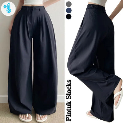 Summer Summer Ice Cool Pintuck Slacks  High-Waisted Snap Pants Petite Long Hidden Elastic Waist Wide Pants