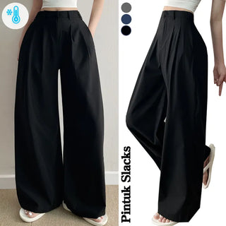 Summer Summer Ice Cool Pintuck Slacks  High-Waisted Snap Pants Petite Long Hidden Elastic Waist Wide Pants