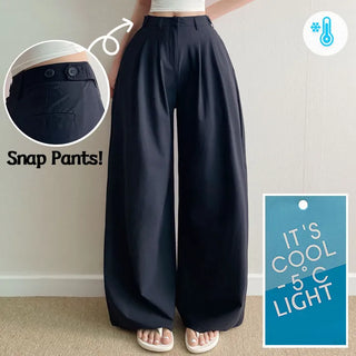 Summer Summer Ice Cool Pintuck Slacks  High-Waisted Snap Pants Petite Long Hidden Elastic Waist Wide Pants
