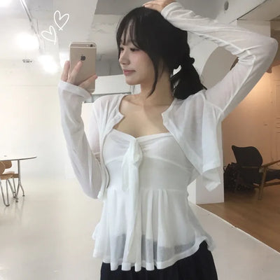 Figure-enhancing, delicate ribbon frill shirring sleeveless top, guaranteed summer fit, see-through cropped adjustable strap cardigan set, date, balletcore, must-have summer cardigan set