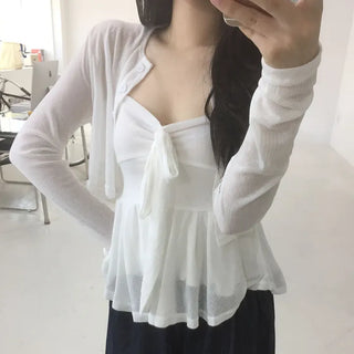 Figure-enhancing, delicate ribbon frill shirring sleeveless top, guaranteed summer fit, see-through cropped adjustable strap cardigan set, date, balletcore, must-have summer cardigan set