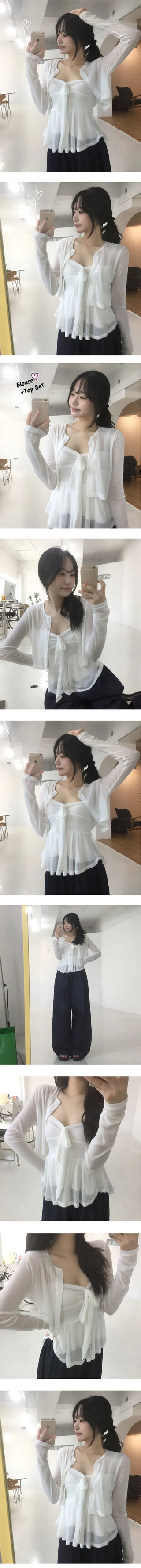 Figure-enhancing, delicate ribbon frill shirring sleeveless top, guaranteed summer fit, see-through cropped adjustable strap cardigan set, date, balletcore, must-have summer cardigan set