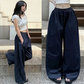 Summer Two-way Elastic Hem Drawstring, Color Transfer-Free Raw Denim Wide Jogger Pants, Side Pintucks, Summer Pants