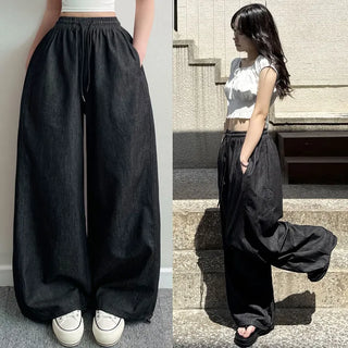 Summer Two-way Elastic Hem Drawstring, Color Transfer-Free Raw Denim Wide Jogger Pants, Side Pintucks, Summer Pants