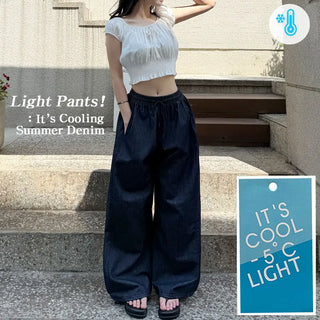 Summer Two-way Elastic Hem Drawstring, Color Transfer-Free Raw Denim Wide Jogger Pants, Side Pintucks, Summer Pants