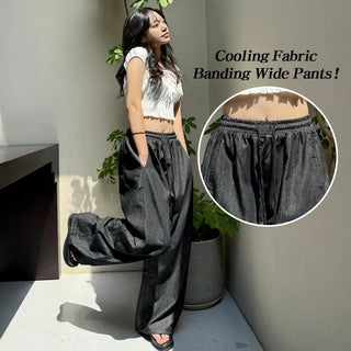 Summer Two-way Elastic Hem Drawstring, Color Transfer-Free Raw Denim Wide Jogger Pants, Side Pintucks, Summer Pants