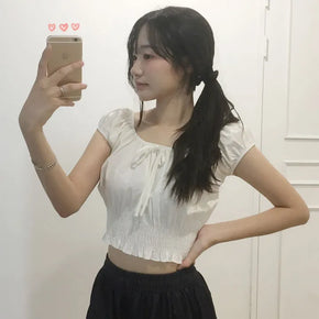 Fifteen Shirred Puff Crop Cinched Fit Lace Short Sleeve Blouse Summer Ribbon Slim Fit Delicate Innocent Top Date Cool Square Neck Cinched Cotton T-shirt
