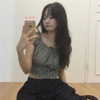 Fifteen Shirred Puff Crop Cinched Fit Lace Short Sleeve Blouse Summer Ribbon Slim Fit Delicate Innocent Top Date Cool Square Neck Cinched Cotton T-shirt