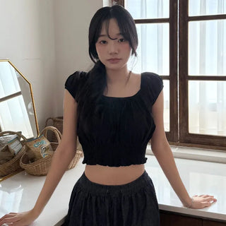 Fifteen Shirred Puff Crop Cinched Fit Lace Short Sleeve Blouse Summer Ribbon Slim Fit Delicate Innocent Top Date Cool Square Neck Cinched Cotton T-shirt