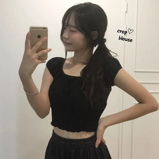 Fifteen Shirred Puff Crop Cinched Fit Lace Short Sleeve Blouse Summer Ribbon Slim Fit Delicate Innocent Top Date Cool Square Neck Cinched Cotton T-shirt