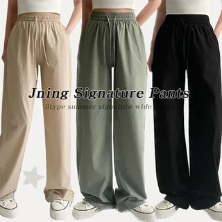Summer Nylon High-Waisted Crinkly Elastic Wide Pants Daily Uniform Pants