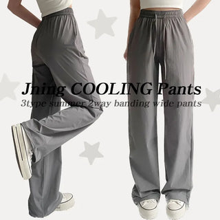 Summer Nylon High-Waisted Crinkly Elastic Wide Pants Daily Uniform Pants