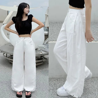 Summer Summer High-Waisted Side Pintuck Hip Cover Wide Cotton Pintuck Elastic Waist Pants Cool Tab Button Pants