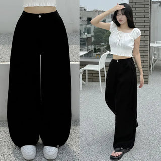 Summer Summer High-Waisted Side Pintuck Hip Cover Wide Cotton Pintuck Elastic Waist Pants Cool Tab Button Pants