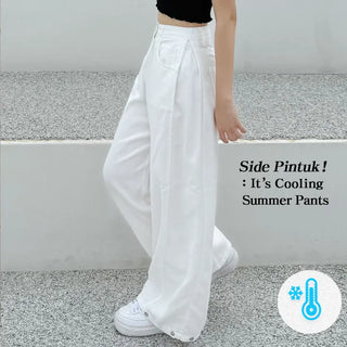 Summer Summer High-Waisted Side Pintuck Hip Cover Wide Cotton Pintuck Elastic Waist Pants Cool Tab Button Pants