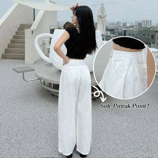 Summer Summer High-Waisted Side Pintuck Hip Cover Wide Cotton Pintuck Elastic Waist Pants Cool Tab Button Pants