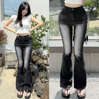 High-Waist Elastic Long Bootcut Washed Denim Pants Jeans Pants