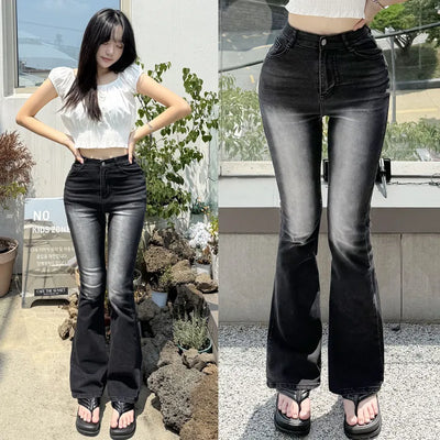 High-Waist Elastic Long Bootcut Washed Denim Pants Jeans Pants