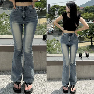 High-Waist Elastic Long Bootcut Washed Denim Pants Jeans Pants