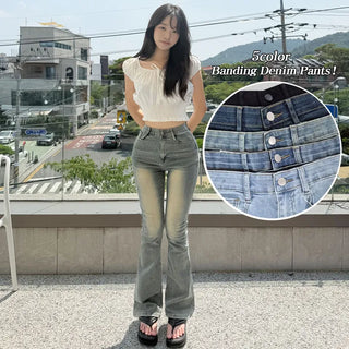 High-Waist Elastic Long Bootcut Washed Denim Pants Jeans Pants
