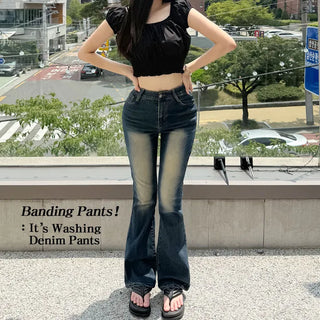 High-Waist Elastic Long Bootcut Washed Denim Pants Jeans Pants