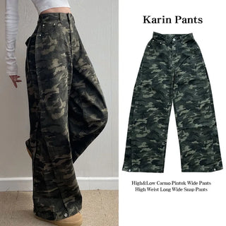 Hip Mood Pintuck Cargo Two-Way Long Wide Pants Wide & Balloon Fit  Cargo Button Pocket Side Pintuck Wide Pants All Seasons Y2K Cotton Pants