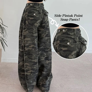 Hip Mood Pintuck Cargo Two-Way Long Wide Pants Wide & Balloon Fit  Cargo Button Pocket Side Pintuck Wide Pants All Seasons Y2K Cotton Pants