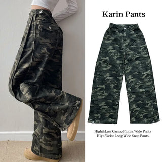 Hip Mood Pintuck Cargo Two-Way Long Wide Pants Wide & Balloon Fit  Cargo Button Pocket Side Pintuck Wide Pants All Seasons Y2K Cotton Pants