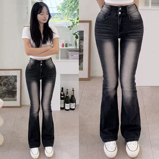 High-Waisted Two-Button Washed Denim Pants  Hip Pad Bootcut Pants Cinched Waist Long Jeans
