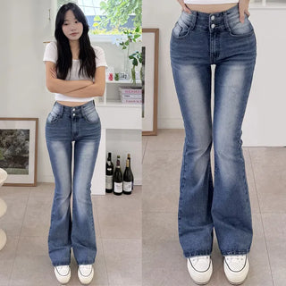 High-Waisted Two-Button Washed Denim Pants  Hip Pad Bootcut Pants Cinched Waist Long Jeans