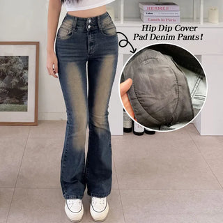 High-Waisted Two-Button Washed Denim Pants  Hip Pad Bootcut Pants Cinched Waist Long Jeans
