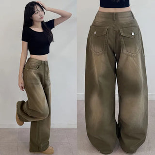 High-Waisted Two-Way Long Wide Pants Hip Y2K Snap Pants Washed Pocket Lower Body Cover Cotton Elastic Waist Button Wide Pants
