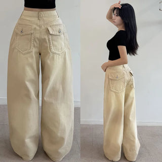 High-Waisted Two-Way Long Wide Pants Hip Y2K Snap Pants Washed Pocket Lower Body Cover Cotton Elastic Waist Button Wide Pants
