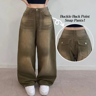 High-Waisted Two-Way Long Wide Pants Hip Y2K Snap Pants Washed Pocket Lower Body Cover Cotton Elastic Waist Button Wide Pants